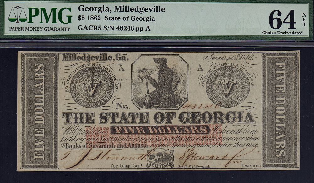 Milledgeville, GA, 1862 $5, GACR5, SN:48246, ChCU, PMG-64n